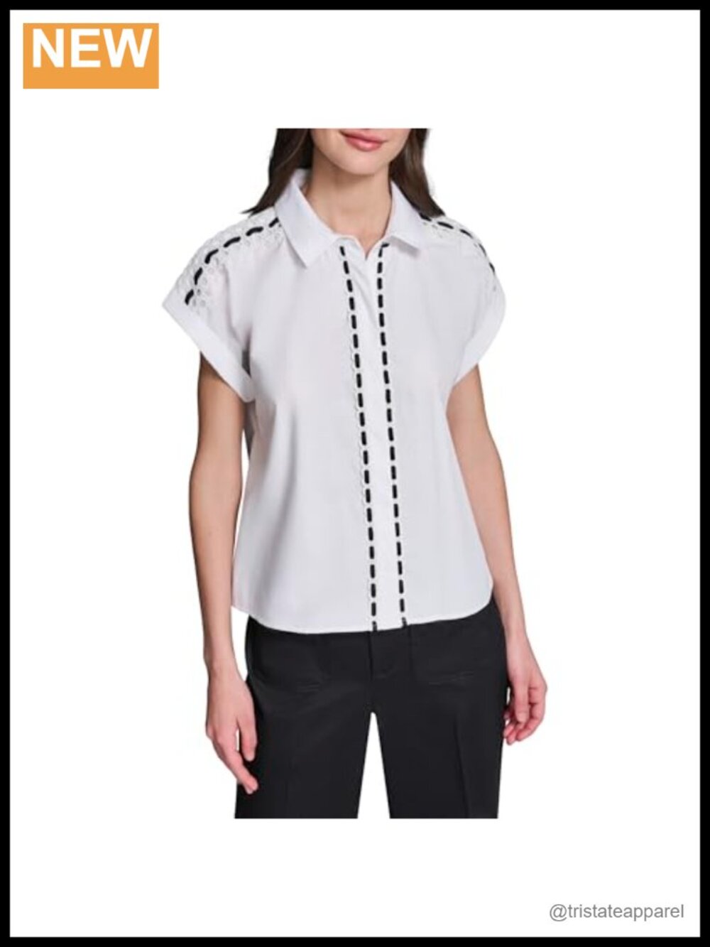100% Cotton White Poplin Blouse with Lace and Rosette Buttons